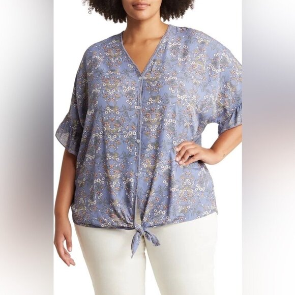 Max Studio Tops - Max Studio Women Plus Size 1X Top Blouse floral Short Sleeve Blue Button NWT